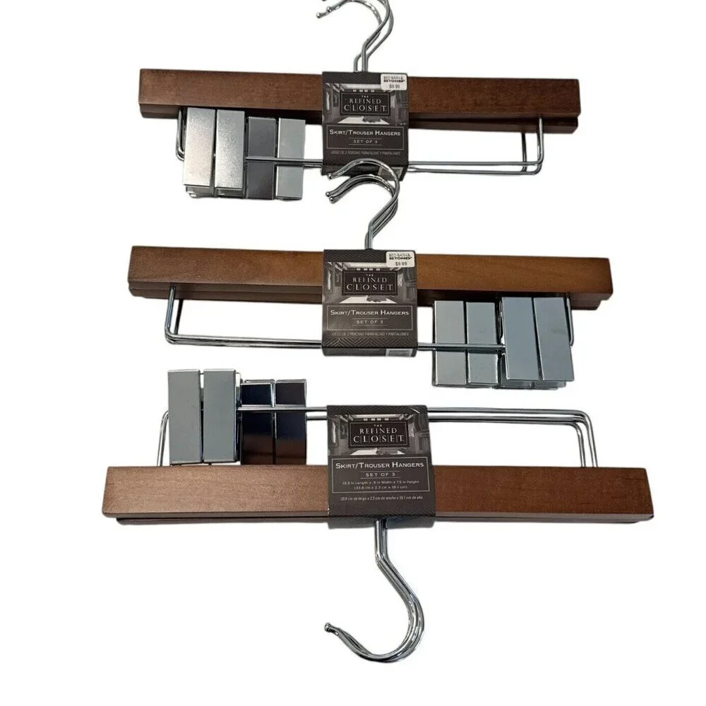The Refined Closet Wooden Metal Clamp Hangers Pants Trousers Lot of 3 NEW